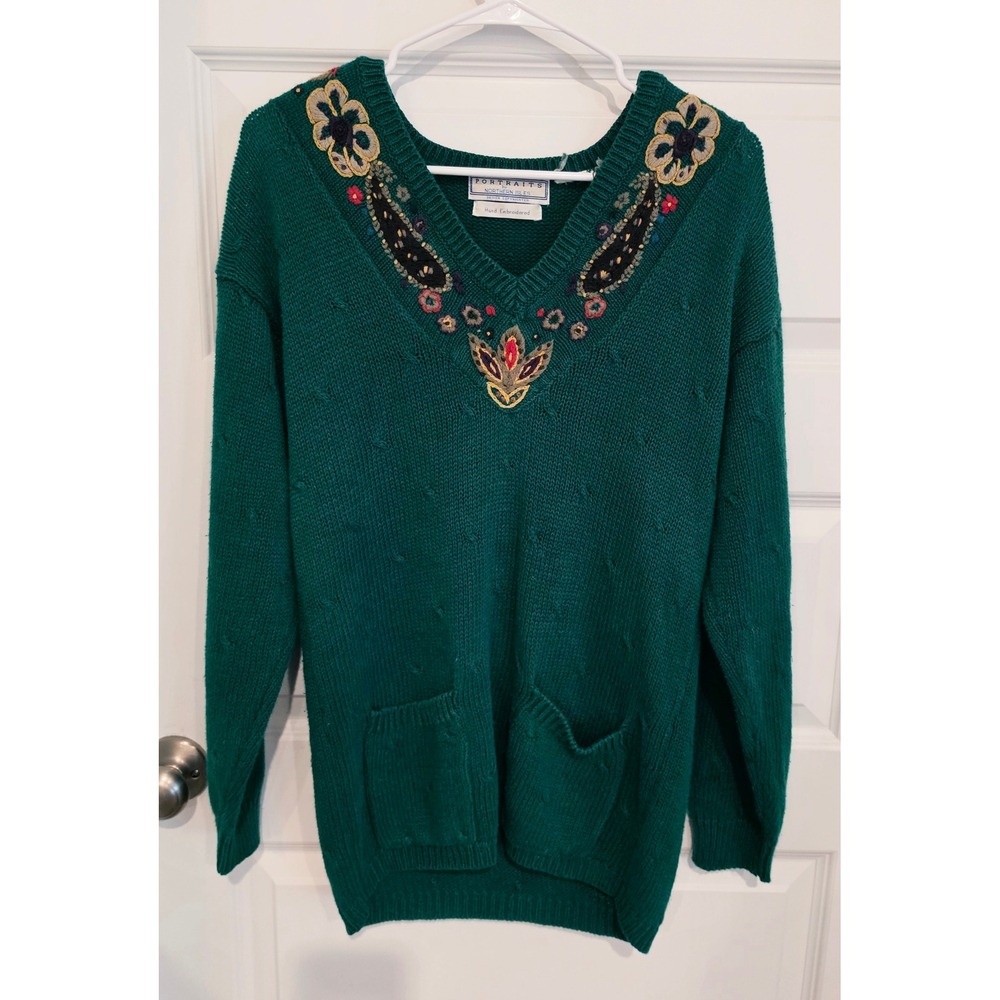 Portraits Northern Isles Sweater Womens S Green Ramie Cotton Vintage Embroidered